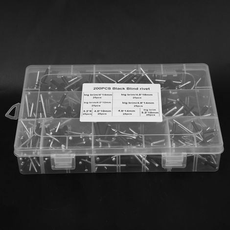 Kit de 200 rivets aveugles noirs à tête ronde haute résistance, assortiment de rivets aveugles. (1/5)