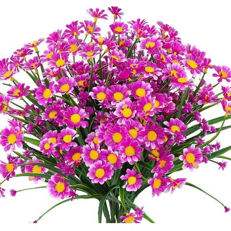 Fleurs artificielles marguerites, lot de 4, buissons en plastique vert, fleurs artificielles pour l'intérieur et l'extérieur (Fuchsia) (1/5)