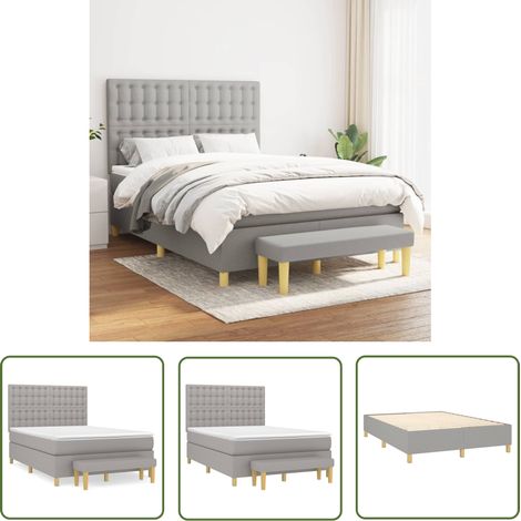 The Living Store Sommier à lattes de lit avec matelas Gris clair 140x190cm Tissu - Lit Plateforme - Lit Double - Matelas À Ressorts Ensachés - Têtière Ajustable - Banc Rangement (1/5)