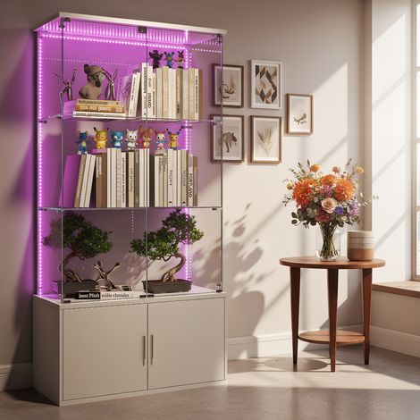 Vitrine en Verre avec Éclairage LED, Meuble Vitrines avec 2 Porte 3 étagères Verre et un meuble inférieur, Verre vitrines, pour chambre, salon et salle à manger, 78 x 35 x 164 cm, Blanc (1/5)