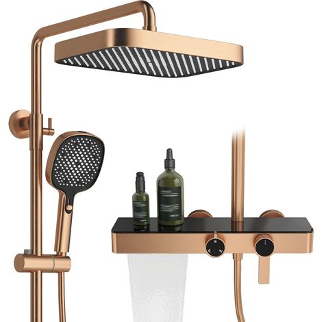 Colonne de Douche, RSS0562 Moderne Ensemble de Douche, 300x200mm Pomme de Douche, Système de Douche avec Table de Rangement, Robinet de Baignoire Cascade, Cuivre 59A, Hauteur Réglable