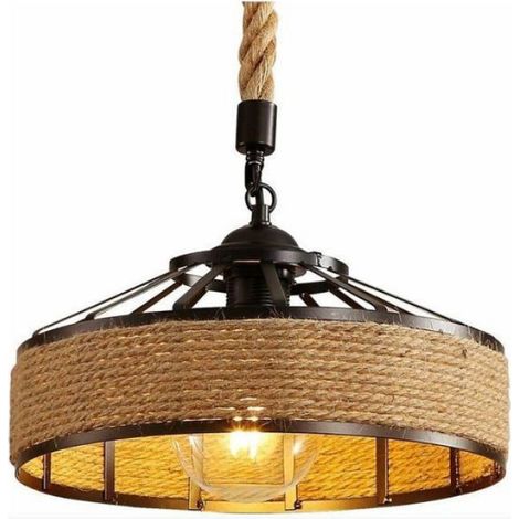 Lustre suspension plafond vintage industriel sans ampoule corde de chanvre et métal fer forgé style rétro antique salle à manger
