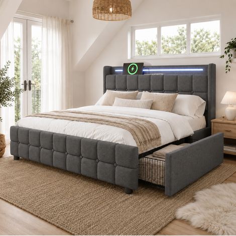 Lit double rembourré moderne 180x200 cm gris en bois et fer avec tête de lit USB/prises, LED et 4 tiroirs (1/5)