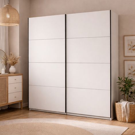 Armario Grande Cariano, Dormitorio 2 Estantes, Barra Colgador, 2 Puertas, 195x217.5h cm Blanco Mate (1/5)