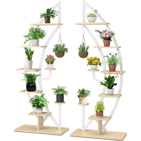 GOPLUS Support Plantes Interieur en Métal à 6 Niveaux, 2 Porte Plante Interieur Incurvé et 14 Étagère pour Jardinière en Forme de Demi-lune avec Crochet, Présentoir Bonsaï pour Salon, Balcon (1/5)