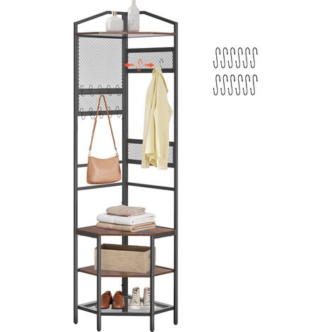 Mophorn Perchero de Esquina 181 cm, Organizador de Ropa con Ganchos y Estante Superior, Armario Abierto con Zapatero, Ideal para Entrada, Pasillos, Dormitorio y Sala de Estar, Marrón y Negro (1/5)