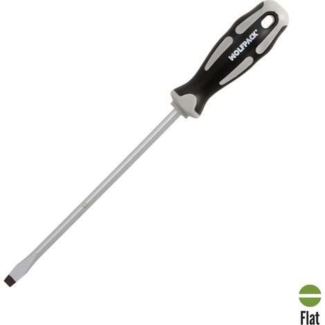 Flacher Schraubendreher mit S2-Stahlprägung, Griff aus TPR aus Bimaterial. Maße 1,6 x Ø 8,0 x 200 mm. DIN5265 (1/5)