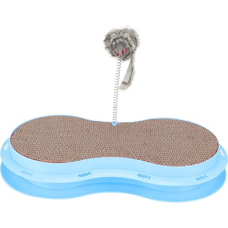 Griffoir Chat Carton Ondulé avec Herbe à Chat et Jouets, Planche à Gratter Résistante pour Kitten, Bleu, 46x24cm, Anti-Rayures Meubles (1/5)