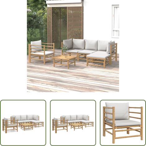 Bambusmöbel -  6-tlg. Garten-Lounge-Set mit Hellgrauen Kissen Bambus (1/5)