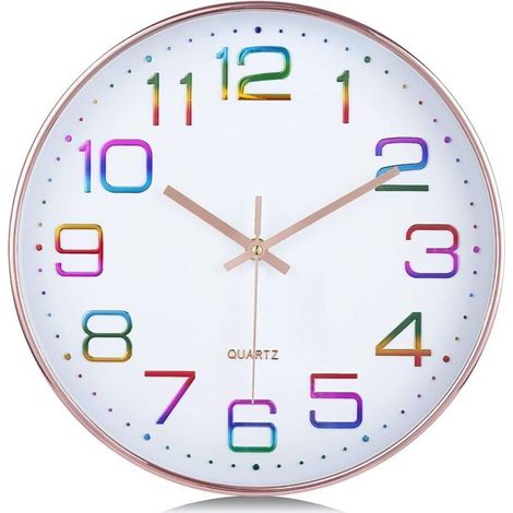 Horloge Murale Chiffres 3D Multicolore, Silencieuse Moderne 30cm Pendule Murale Or Rose, Facile à Lire sans Tic-tac Déco pour Cuisine Salon (1/4)
