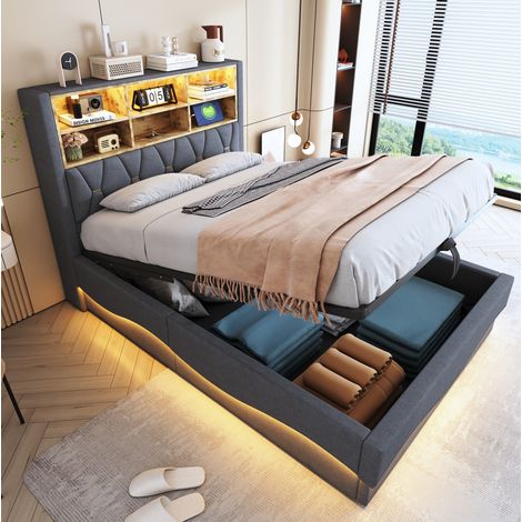 Polsterbett 140/200 cm grau aus Leinen und Metall mit LED, USB und hydraulischem Stauraum (1/5)