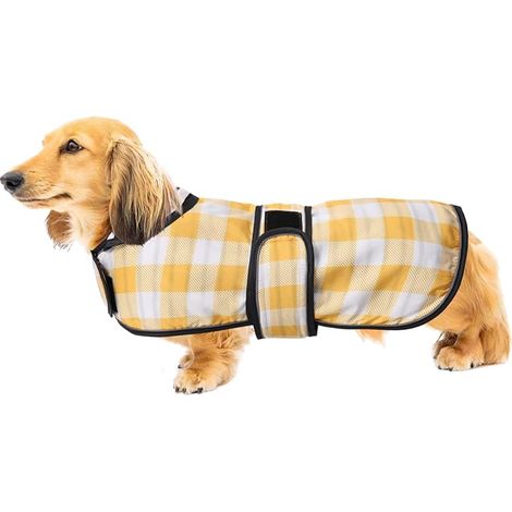 Manteau Chien Imperméable Ajustable Léger avec Bandes Réfléchissantes et Trou pour Harnais Vêtement pour Chiens Petits Moyens Grands Jaune à Carreaux (1/4)