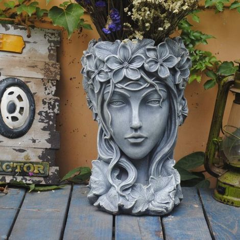 Statue de jardin tête de déesse en résine – 23 x 23 x 35 cm – Décoration extérieure pour terrasse et jardin – Grand diamètre
