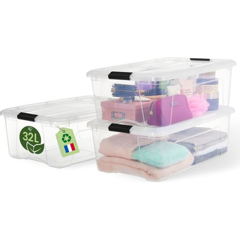 Iris Ohyama – Boîte de rangement plastique recyclé 32L – Lot de 3 – Transparent – Couvercle renforcé pour empilage sécurisé – Poignée intégrée pour transport facile