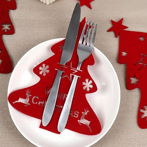 Lot de 6 poches à couverts de Noël, porte-ustensiles en feutre de 7,9" x 7" : porte-argenterie pour couteaux, fourchettes et cuillères, sac à serviette pour décoration de table lors de dîners de Noël (1/3)