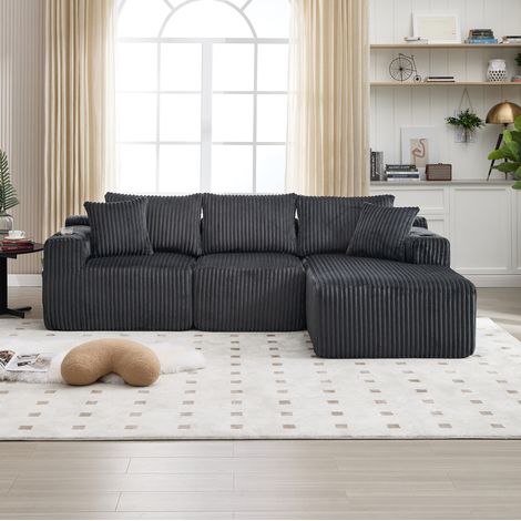Sofá modular 257x160x62 cm de tela de pana gris con almacenaje para salón -FLORAGRACE (1/5)