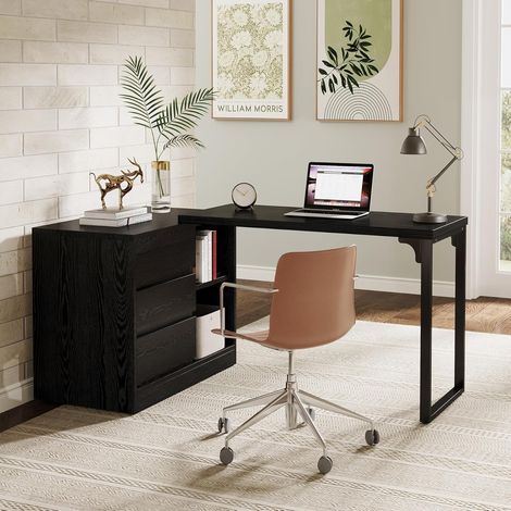 Tribesigns Bureau d'angle réversible en forme de L avec tiroirs et armoire de rangement, bureau moderne pour bureau à domicile et chambre à coucher, noir