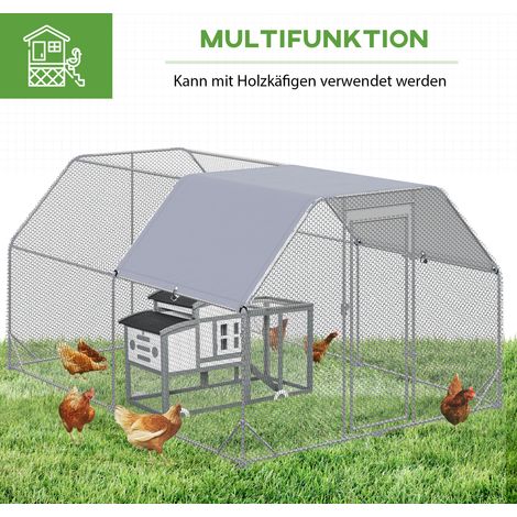 Poulailler enclos extérieur spacieux pour 10-12 poules, avec porte et toit imperméable anti-UV, Oxford/Argent 280x380x195cm (1/5)