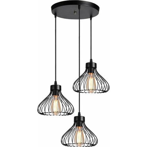 3 Lampes Lustre Suspension Luminaire Industrielle Plafonnier Abat-jour en Métal en Forme de Cage Vintage Lampe de Plafon pour Cuisine Salle à Manger Salon Chambre Couloir Restaurant - 23cm, Noir BLOW (1/5)