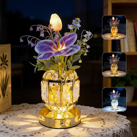 Lampes de table, 3 couleurs - Lampe tulipe à intensité variable - Vase en cristal tactile - Lampe de chevet rechargeable - Fleurs artificielles - Décoration - Cadeau pour les femmes et les [Classe éne (1/5)