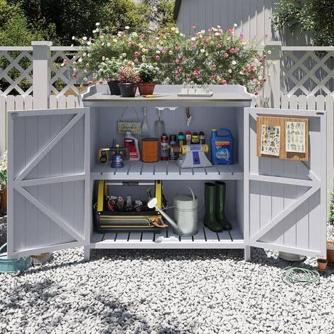 Aoxun meuble de rangement de jardin en bois, armoire à outils avec plateau galvanisé et étagère réglable, établi de rempotage pour outils de jardin, 56 x 26.5 x 106 cm, gris