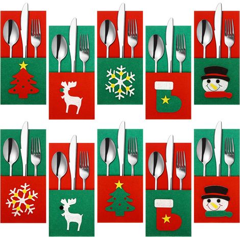 Lot de 10 pochettes porte-couverts en feutrine, décorées de sapins de Noël, de bonshommes de neige, de rennes, de flocons de neige et de chaussettes de Noël. Accessoires de table pour les fêtes de fin (1/5)