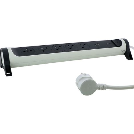Multiprise Rotative Avec Interrupteur à Voyant LED et Protection Parafoudre - 5 Prises Surface avec Terre + Prise USB-C + Prise USB-A - Cordon 1,5m - Blanc et Gris Foncé (1/5)