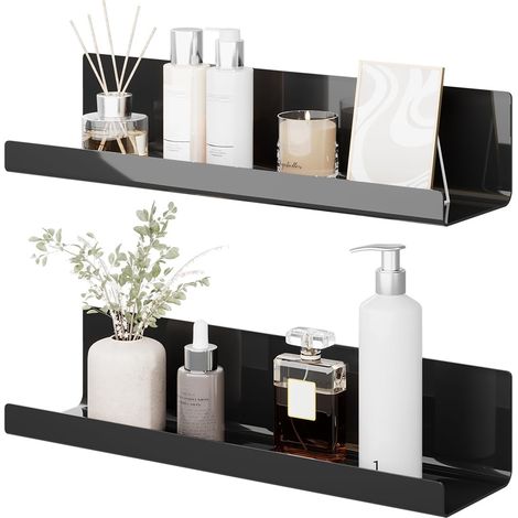 Etagere Murale sans Percage Lot de 2 - Noir Acrylique Étagère Murale pour Livres et Photos, Étagère sans Percer pour Cuisine, Salle de Bain, Bureau, Salon (32 x 10 x 8 cm) (1/5)