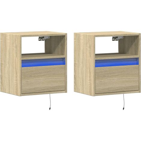 Set di 2 comodini da parete con luci LED, in legno ingegnerizzato, colore rovere DEC036148