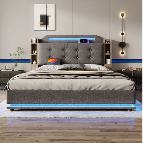 Lit capitonné rétro 140x200 cm en lin gris avec tête de lit, LED, coffre hydraulique, rangements et USB/Type-C (1/5)