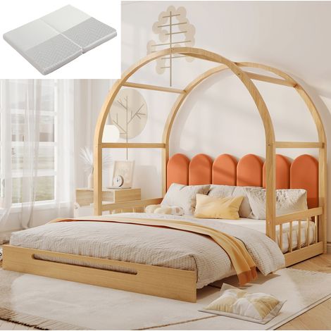 Letto per bambini in legno di pino naturale con cuscino arancione, estensibile 140x100/140x200 cm, con materasso (1/5)