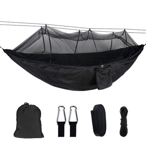Hamac double avec moustiquaire et sac de rangement, en tissu parachute haute résistance, idéal pour le camping, la chasse et la randonnée (noir). (1/5)