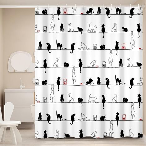 183x183cm Rideau de Douche de Chat Noir Blanc Rideaux de Salle de Bain de Chaton Simple Mignon avec Crochets imperméables Animaux drôles Pet Minimaliste Baignoire Décorations Fournitures (1/5)