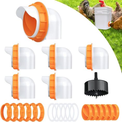 Mangiatoia per polli fai da te, mangiatoia automatica per pollame a 6 porte con 6 tappi e 1 sega a tazza, barili, contenitori, mangiatoie (arancione)