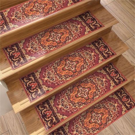 (Orange-rouge) Lot de 5 tapis de marches d'escalier antidérapants en bois, motif européen, pour usage domestique, 76 x 20 cm (1/5)