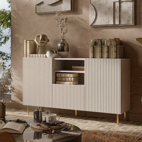 Aparador Stornara, aparador de salón con dos puertas batientes, un cajón y dos compartimentos abiertos, diseño efecto estriado, 150 x 42 h 82 cm, beige (1/5)