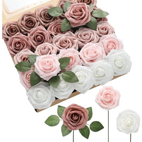 50 roses artificielles beiges dégradées, roses en mousse réalistes avec tiges, idéales pour les bouquets de mariée et la décoration de table. (1/5)