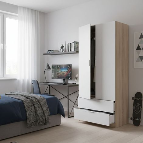Garderobe Worcester, Schlafzimmerschrank mit 2 Türen und 2 Schubladen, Schrank mit Kleiderbügelstange, cm 82x52h180, Weiß und Eiche (1/5)