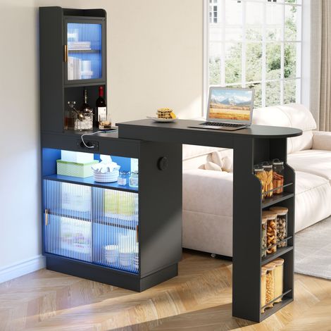 Bar Extensible 131-170 cm avec Rangement, Meuble Bar avec LED RGB, Prises USB/Type-C et Placards Vitrés, Table Haute Cuisine - Noir (1/5)