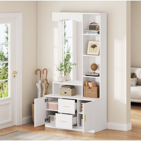 Flurmöbel aus MDF in Weiß mit Spiegel, 2 Schubladen und 2 Schränken, 90 x 40 x 180 cm, Schuhschrank mit Regalen (1/5)