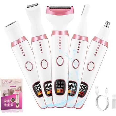Rasoir Electrique Femme, 5 en 1 Tondeuse Femme Intime Maillot Bikini Sourcils Nez, Rasoir Électrique Epilateur Visage Femme, Étanche IPX7 Electrique Tondeuse pour Crops Pubis Aisselles Jambes (1/5)