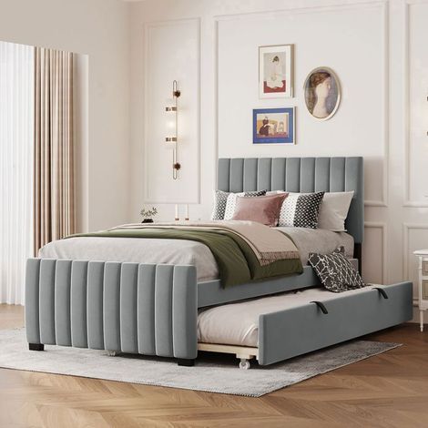 Lit gigogne 90x190 cm Velours Gris - Lit double - Sommiers à lattes inclus, Tête de lit capitonnée, Pratique et gain de place (1/5)