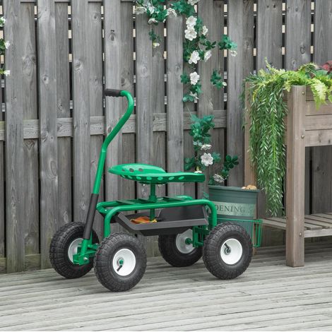 Chariot de jardin avec siège pivotant, panier, métal vert, 150 kg, 98 x 45 x 87 cm (1/5)