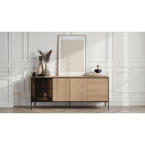 Bobochic – Buffet bas 200 cm – 3 portes en chêne et verre fumé – 2 tiroirs – Éclairage LED intégré – Style industriel contemporain (1/5)
