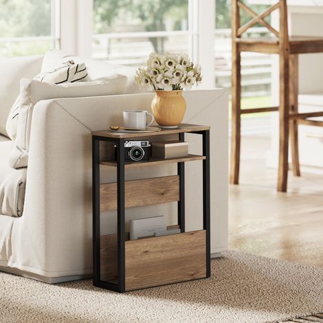 Table basse style industriel noyer foncé bois métal, 2 étagères de rangement, déco salon, dimensions 46×18×58,5 cm (1/5)