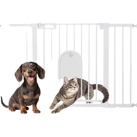 Barrera de seguridad para mascotas, ancho ajustable, puerta de acceso pequeña, BLANCA, 131X2X76 cm-a (1/2)