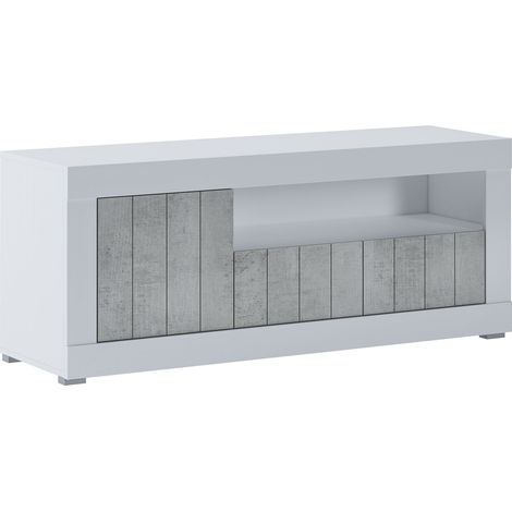 Mobile TV Basso In Melaminico Con Anta Laterale E A Ribalta Vano A Giorno Ripiani Mensole Interne Design Moderno Senza Maniglie Soggiorno Living Salotto 136.9 x 41.8 x 56 Cm Bianco e Grigio Cemento (1/4)