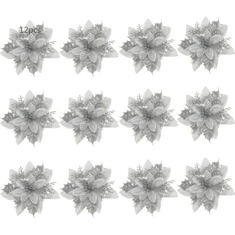 Flores Navideñas Artificiales - Poinsettias con Brillo - Decoración para Árbol de Navidad - 24 Unidades (1/5)