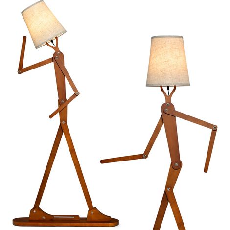 Lampe de Sol en Bois de Caoutchouc Humanoïde Créatif Lampadaire de Salon Articulations Réglables Abat-jour en Tissu Maison Chic (1/4)