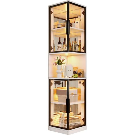 Vitrine 205cm avec portes vitrées double avec éclairage led multicolore, fond miroir, dispositif anti-basculement, meuble rangement, verre transparent (1/5)